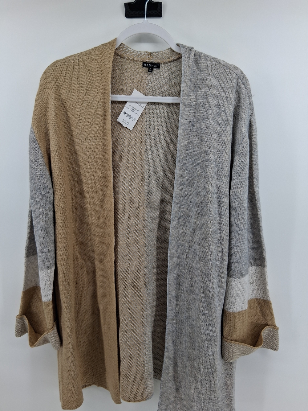 Hannah Two-Tone Beige and Gray Open-Front Cardigan